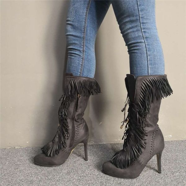 

boots olomm feminine mid-winter calf bangs stiletto boots high heels round ethnic gray shoes female casual plus i size 5-15 gc90, Black