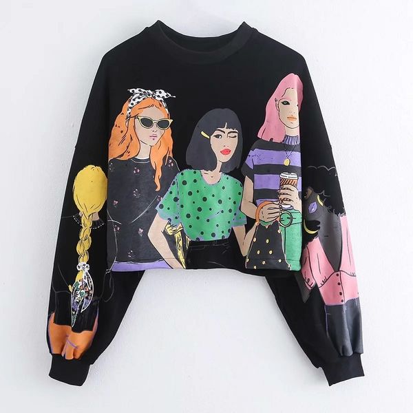 

women vintage sweet girls printed sweatshirts fashion casual female o-neck pullovers chic 210520, Black