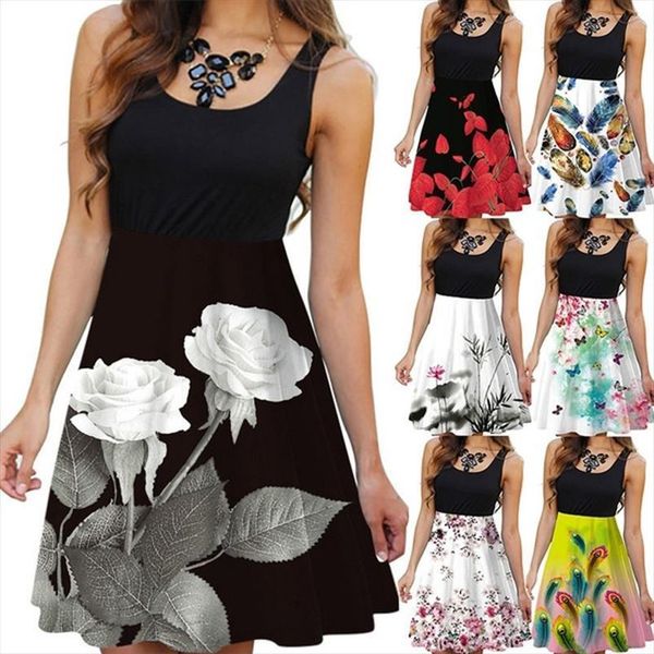 

plus size xxxxxl xxxxl womens dress round neck casual sleeveless floral printed slim flowers dresses, Black;gray