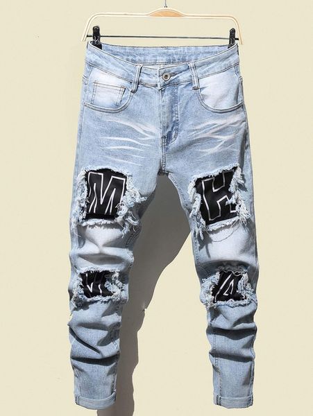 

men patched ruched skinny jeans x6bb#, Blue