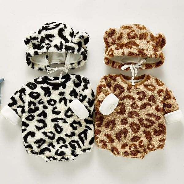 

fashion leopard print baby bodysuit winter girls and boys cotton thicken fleece warm jumpsuit with hat toddler clothes outfits rompers, Blue
