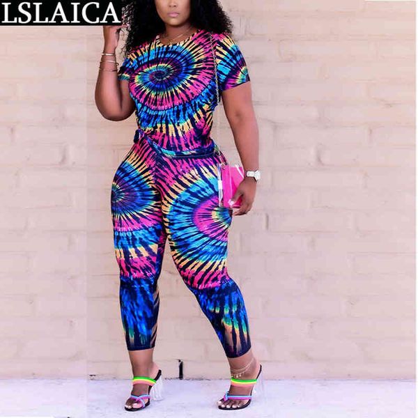 Drop Summer Suit Short Sleeve T-shirt Long Pants Tie Dye Print Plus Size Women's Sports Elegant Casual Home 210520