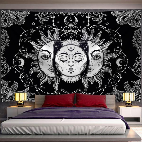 Wandteppiche weiße schwarze Sonnenmond Mandala Tapisserie Wand hängen Hexerei Hippie Teppiche Schlafsauger Dekor