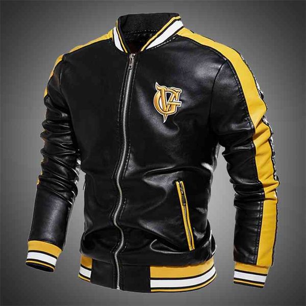 

men jacket casual letter embroidery leather jacket streetwear fashion patchwork leather bomber jacket autumn coat men 210819, Black;brown