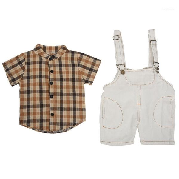 

born baby boys clothes children summer two-piece plaid shirt straps jeans suits1, White