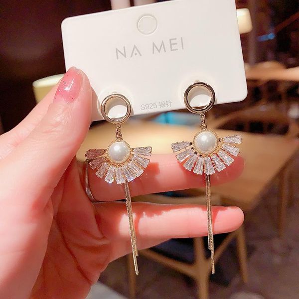 

dangle & chandelier lovoacc temperament bling crystal sector long tassel earrings for women gold color metal skirt shaped pendientes, Silver