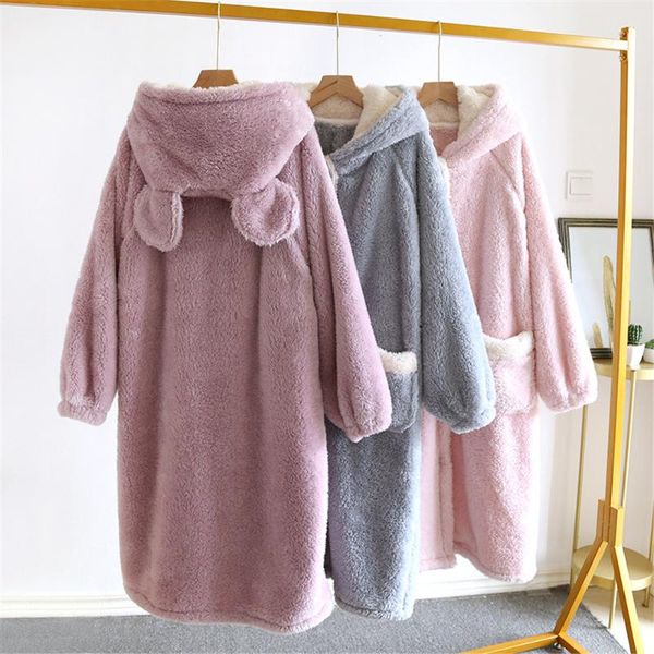 

women's sleepwear flannel bathrobe robe winter thicken warm sleeping sweet cute hooded pyjamas long peignoirs femme pajamas, Black;red