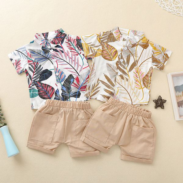 

baby boy clothe suit wear clothing set shirt shorts 2 pcs leaves print with pockets summer outfit, White