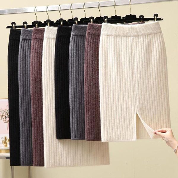

skirts 2021 women knitted skirt autumn winter split slim warm office elastic high waist pencil ribbed long, Black