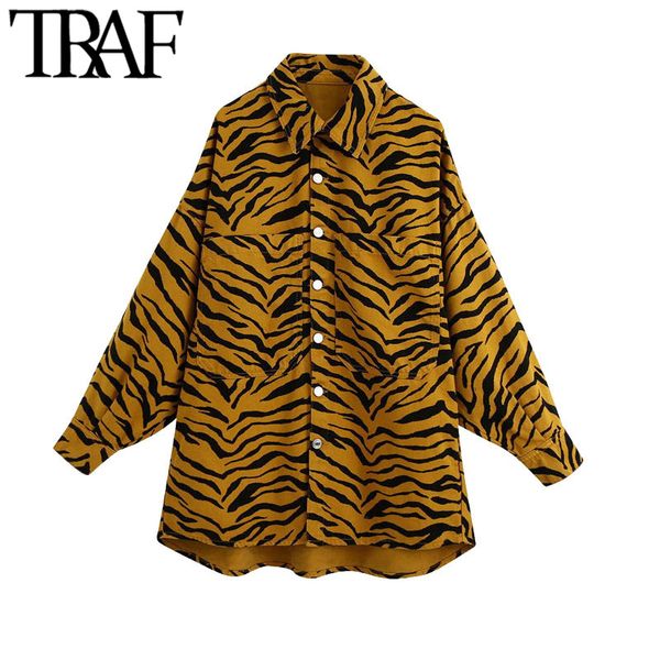 TRAF Donna Moda Oversize Animal Print Camicia Giacca Cappotto Vintage Tasche a maniche lunghe Capispalla femminile Chic Top 210415