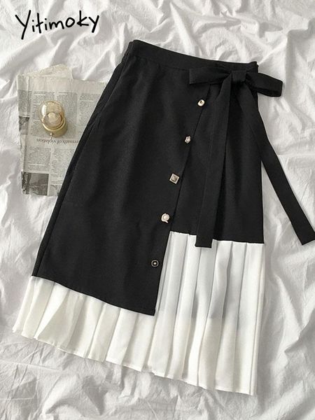 

skirts yitimoky irregular bandage womens spring 2021 korean bow zipper casual button midi long pleated skirt, Black
