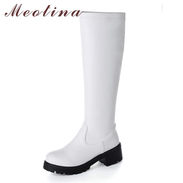 Stivali da equitazione Scarpe da donna Piattaforma Tacco alto Punta tonda lunga Tacchi grossi Ginocchio Lady Inverno Bianco Taglia 44 210517