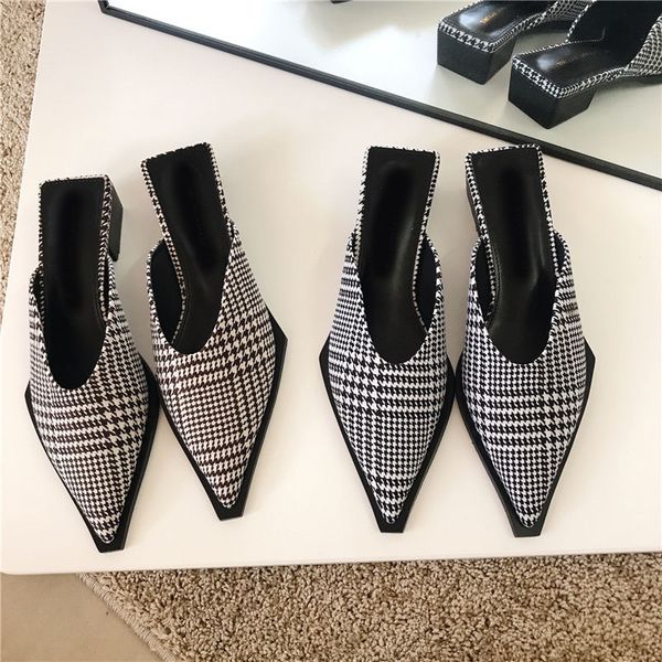 

2021 new women mules slippers fashion thick low heel ladies sandals shoes elegant female houndstooth shallow slip on woman shoes, Black