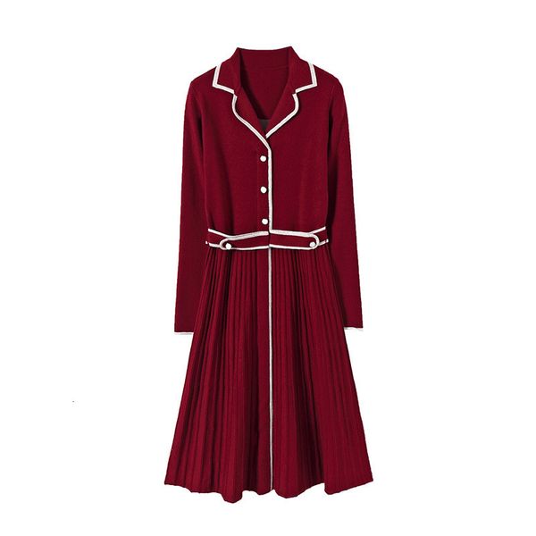 

casual dresses fall autumn long sleeve notched-lapel red / blue contrast color knitted pleated knee-length dress elegant no222092210 fa9i, Black;gray