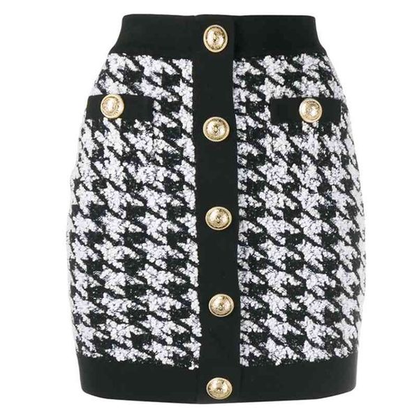 

designer skirt women's lion buttons shimmer tweed houndstooth mini skirt 210408, Black