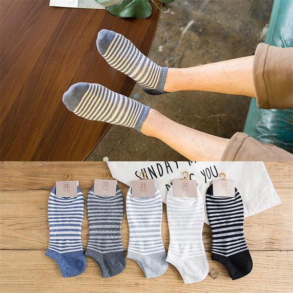 

men's socks 5 / 10 pairs japanese style cotton spring summer stripe fashion invisible boat thin breathable ankle sox, Black