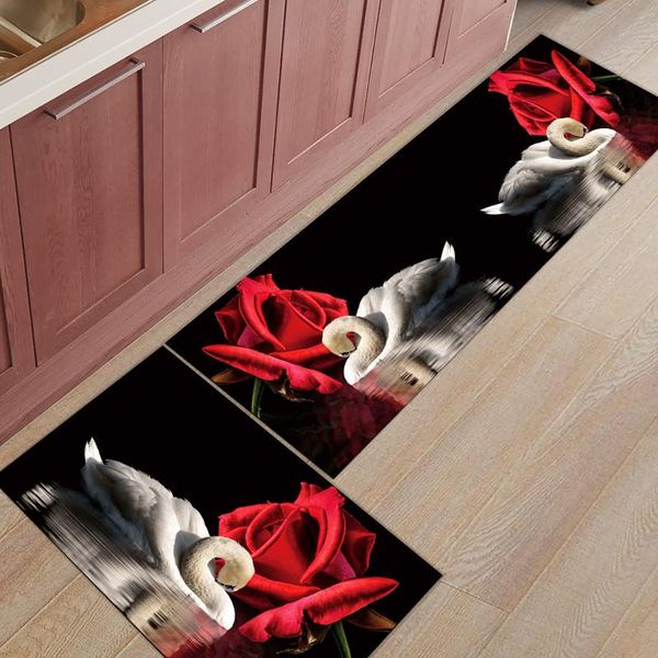 

rose flower swan lake reflection kitchen rug home entrance doormat bedroom floor decor carpet bathroom anti-slip carpets