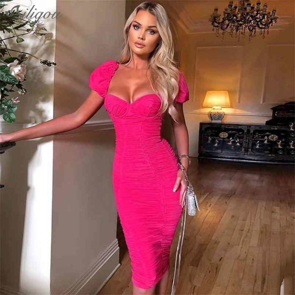 

summer style women's square collar puffy sleeves mesh draped bandage dress bodycon celebrity vestido 210525, Black;gray