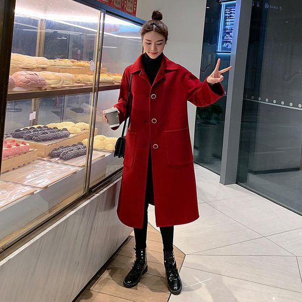 

women's wool & blends women 2021 autumn winter long coats female fashion warm windbreaker jacket casual solid ladies elegant woolen out, Black