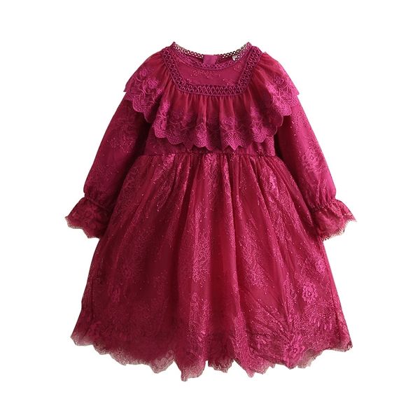 Çocuk Zarif 3-6 8 9 10 Yıl Nakış Uzun Flare Kol Prenses Çocuklar Bebek Kız Dantel Şifon Bahar Sonbahar Elbise 210529