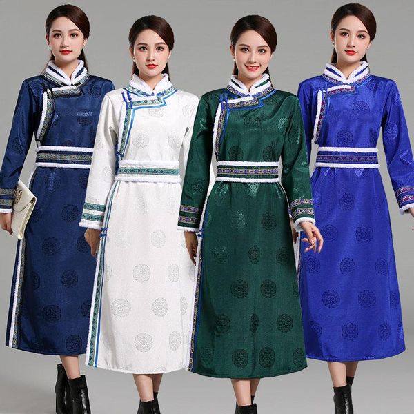 Vestuário étnico Mongólio Estilo vestido de tang terno roupas de inverno mulheres cheongsam algodão-acolchoado de algodão velo lenificado acolchoado quente asiático traje