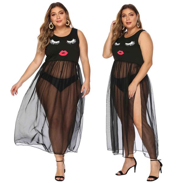 

women's plus size large printed irregular mesh stitching vest skirt long 165