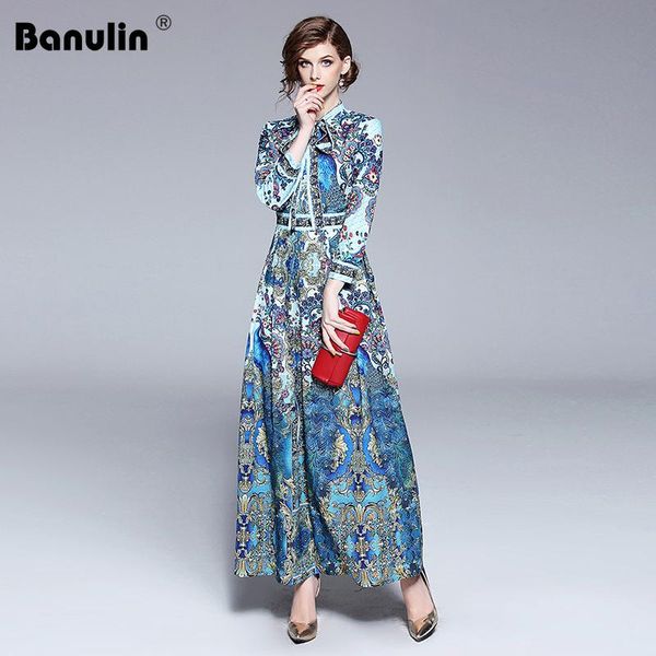 

casual dresses banulin 2021 fashion runway designer summer autumn dress women's bow collar animal floral print pleated vintage maxi, Black;gray