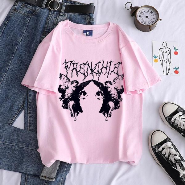 

women's t-shirt 90s vintage angel print oversized summer short sleeve loose tees punk style hip hop grunge gothic clothes streetwear, White