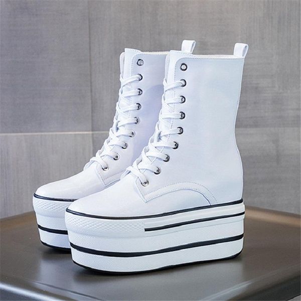 

boots women's platform split leather fashion thick sole women mid-calf boot hidden heels shoes autumn woman, Black