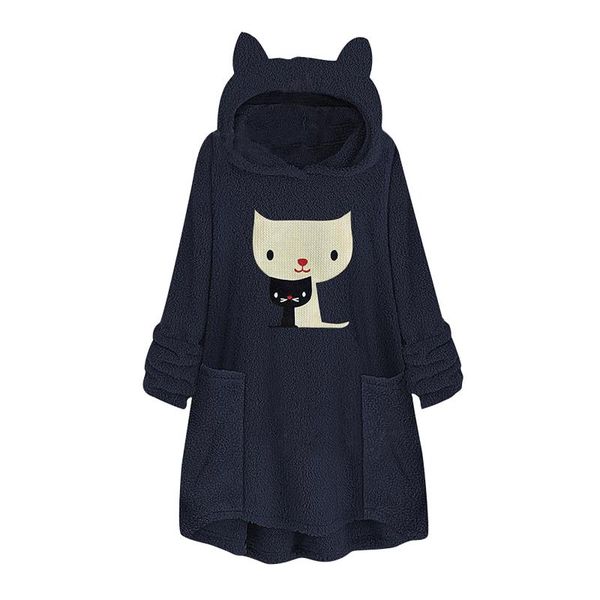 

plus size hoodies womens fleece cat embroidery warm hoodie button autumn winter long sleeve sweatshirts hoody ladies women's &, Black
