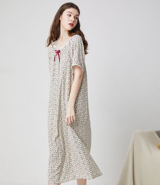 

women's sleepwear vestidos print loose nightgowns women short sleeve long dress lace sweet ladie's night shirt summer sleepwear ni, Black;red