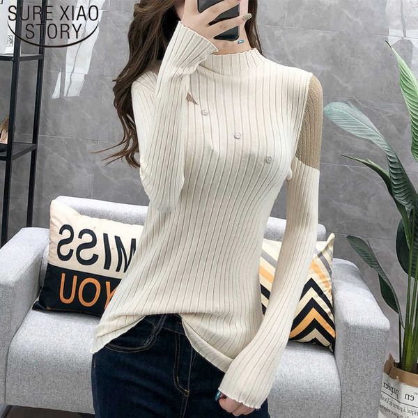 

autumn mesh stitching long sleeve sweater female slim fit turtleneck personality semi-high collar base sweater women 6220 50 210527, White;black