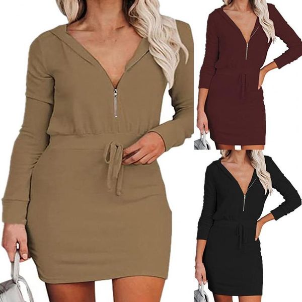 

casual dresses lady women dress solid color breathable long sleeve v neck for autumn bodycon clubwear clothing, Black;gray
