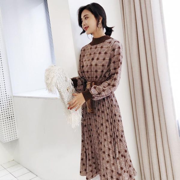 

casual dresses spring sweet floral plaid o-neck lantern sleeve ladies maxi dress elegant dropped sashes party woman female, Black;gray