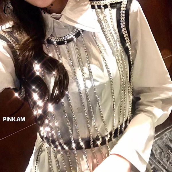 

women's blouses & shirts 2021 spring women heavy rhinestone tassel vest + double collar long sleeve shirt two piece set female fashion, White