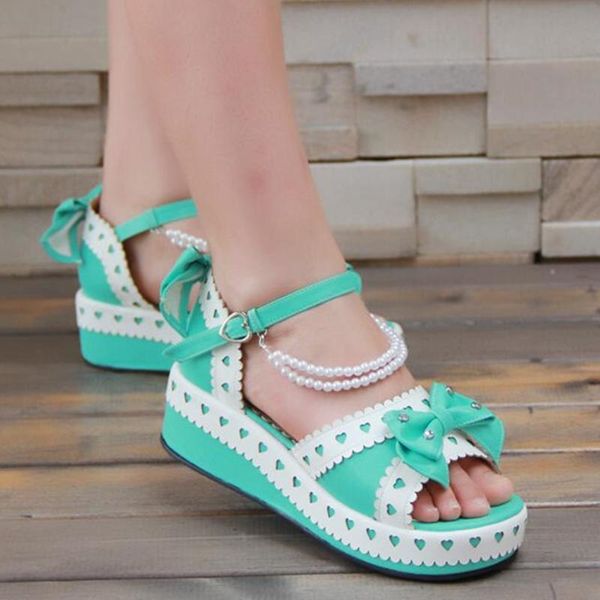 

japanese sweet lolita hearts thick platform wedge princess sandals with bows and pearls, Black