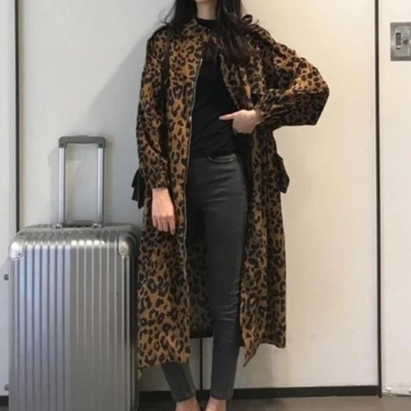 

women's trench coats autumn casual leopard windbreaker winter oversized loose streetwear, Tan;black