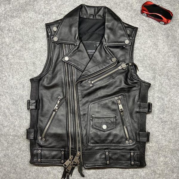 

men's leather & faux gu.seemio heavy locomotive thick cowhide man genuine jacket cowboy motorcycle vest arrival, Black