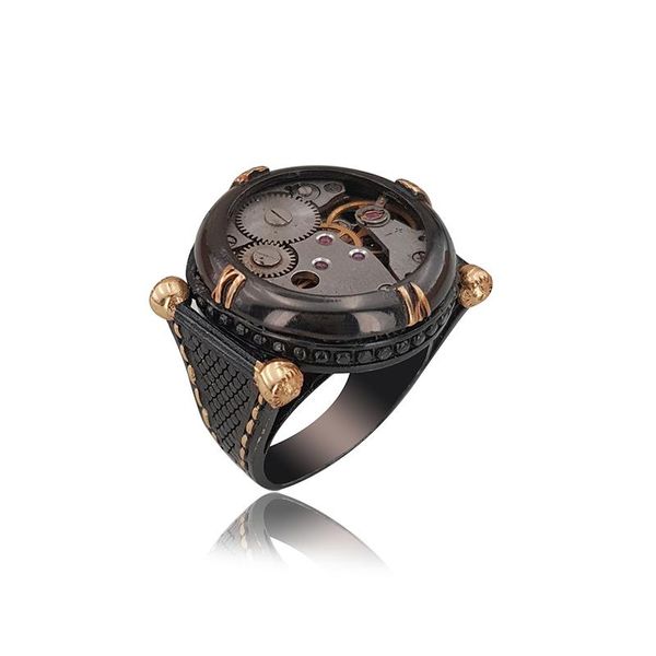 

cluster rings 925 silver watch movement black rhodium ring for men mans, Golden;silver