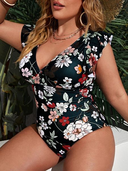 

plus floral print ruffle sleeve one piece swimsuit n52z#, Black