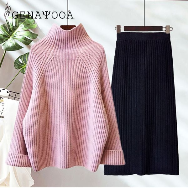 

genayooa elegant pullover turtleneck skirt woman two cashmere 2 piece sets womens outfits winter women set 210417, White