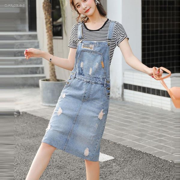 

retro suspender jean with womens skirt pocket summer high waist ripped strap overalls hole denim jumpsuit female, Black