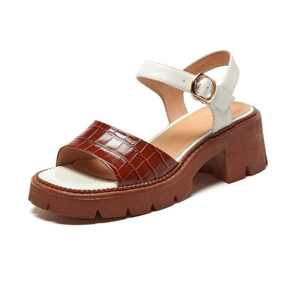 

genuine leather round toe high heels vintage mixed colors daily wear simple style buckle straps women sandals l9f1, Black