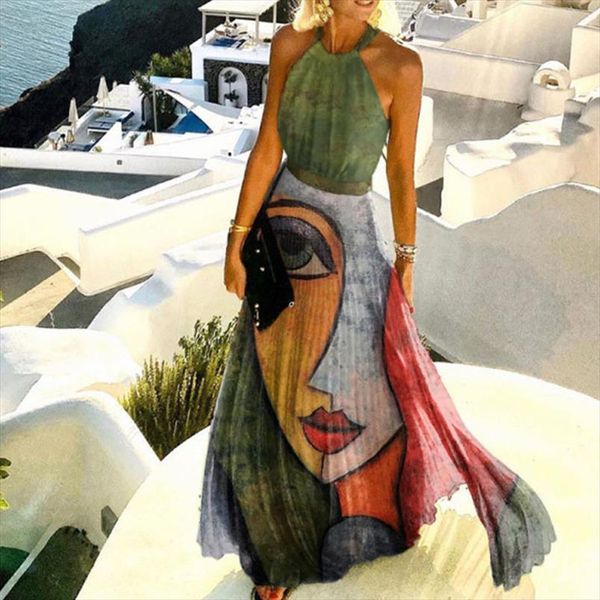 

off shoulder long womens dresses summer sleeveless halter pleated elegant vintage print robe, Black;gray