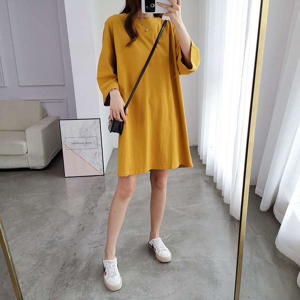 

european casual style dresses bf oversized underclothing missing half sleeve long women's medium length cotton t-shirt skirt, Black;gray