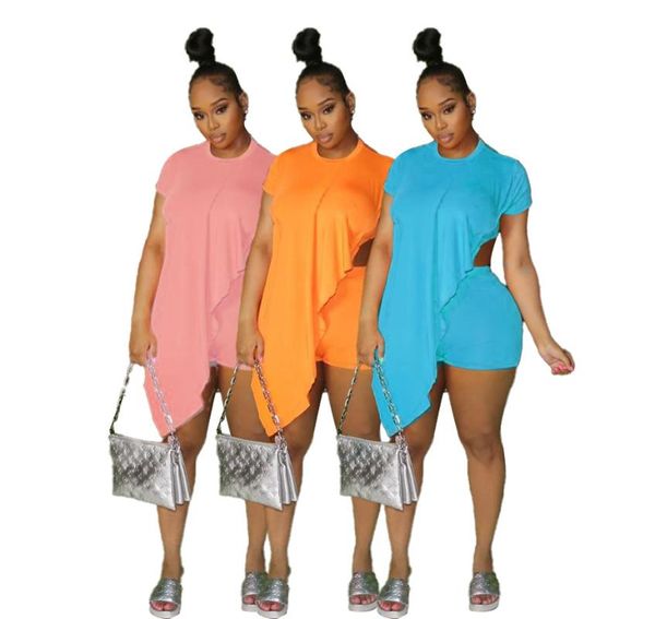 

women's tracksuits softy women milk fiber solid color two piece sets 2021 summer high elastic waist shorts o-neck asymmetrical t-shirts, Gray