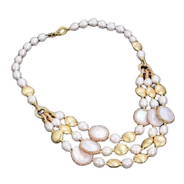 

chains jk 3 strands freshwater cultured white rice pearl coin necklace handmade for women, Silver