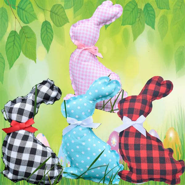 Coniglio di Pasqua Giocattolo Ornamento Panno di cotone plaid Coniglietto bambola Punto d'onda Bowknot Decor Festival Party Regalo per bambini