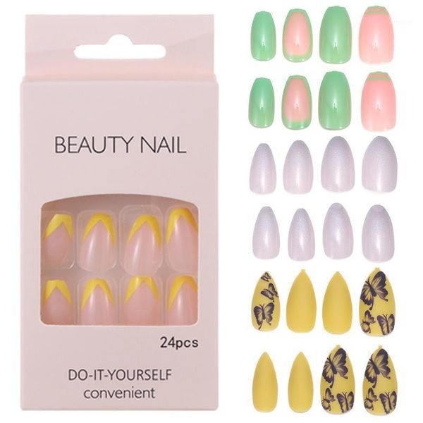 

24pcs candy colorful ballerina fake nails art tips diy buttterfly abstract uv gel full cover manicure press on decor1, Red;gold