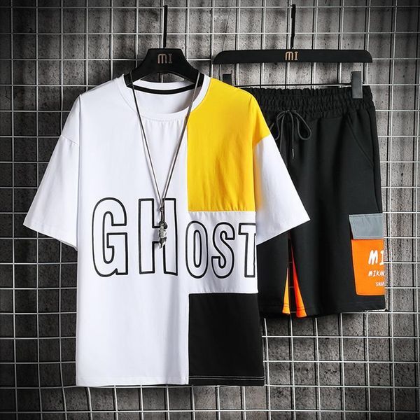 

april momo summer sports men tracksuits and leisure two piece fashion trend youth printing round neck short sleeve suit, Gray